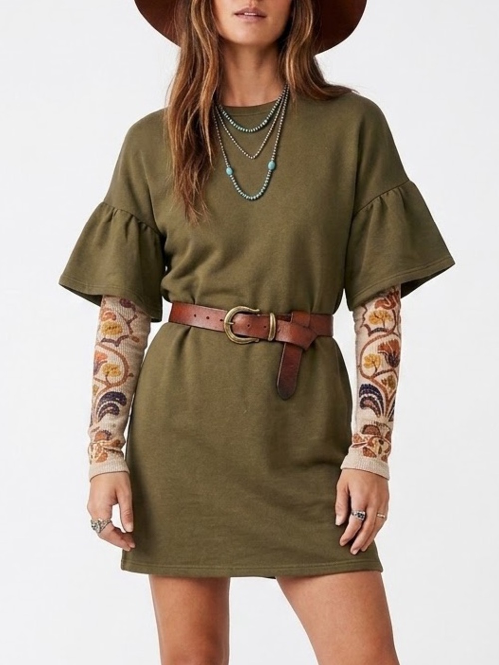 BeachLunchLounge Ruffle Sleeve Sweatshirt Dress Size M Olive Fleece Crewneck